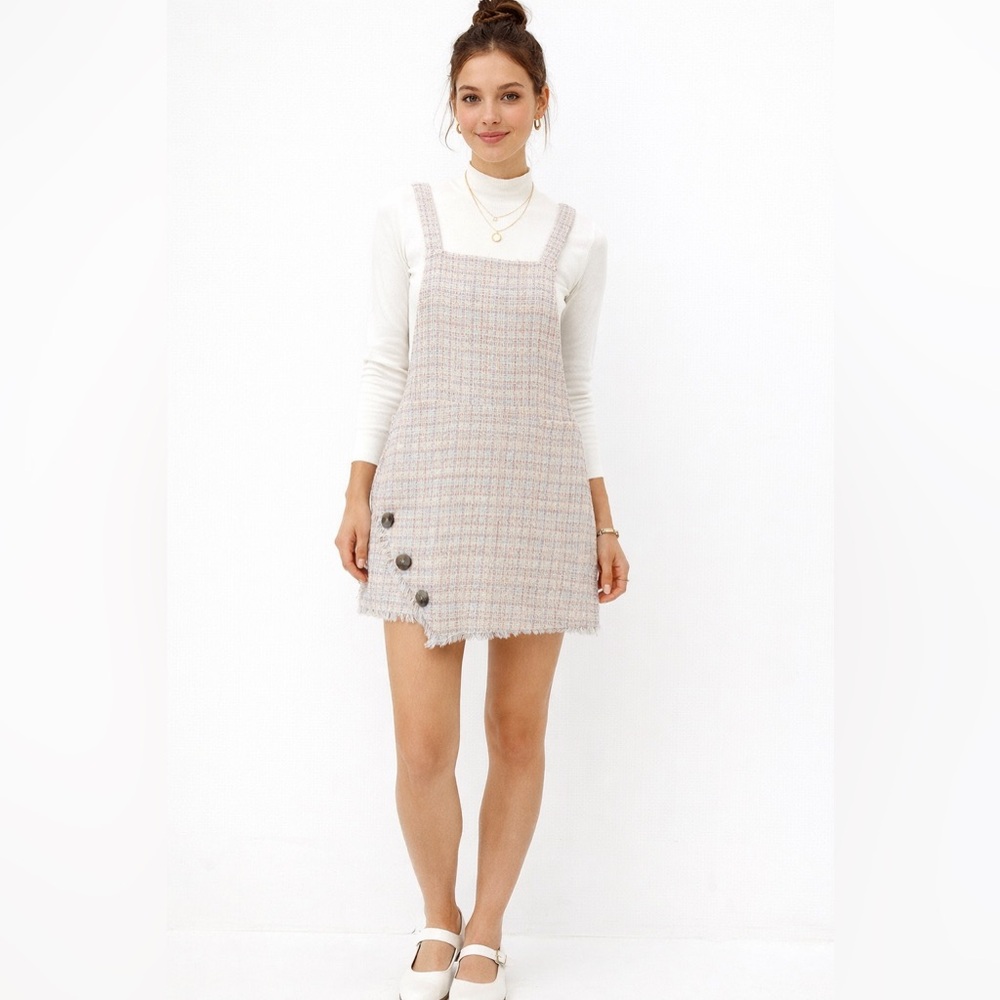 Zara TRF Cream/Blue/Pink Tweed Overall Mini Dress Sz S
